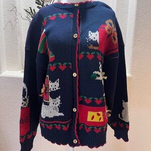 Blue Ugly Christmas Sweater Cardigan Cats Hearts Stockings Womens M Sweater Loft